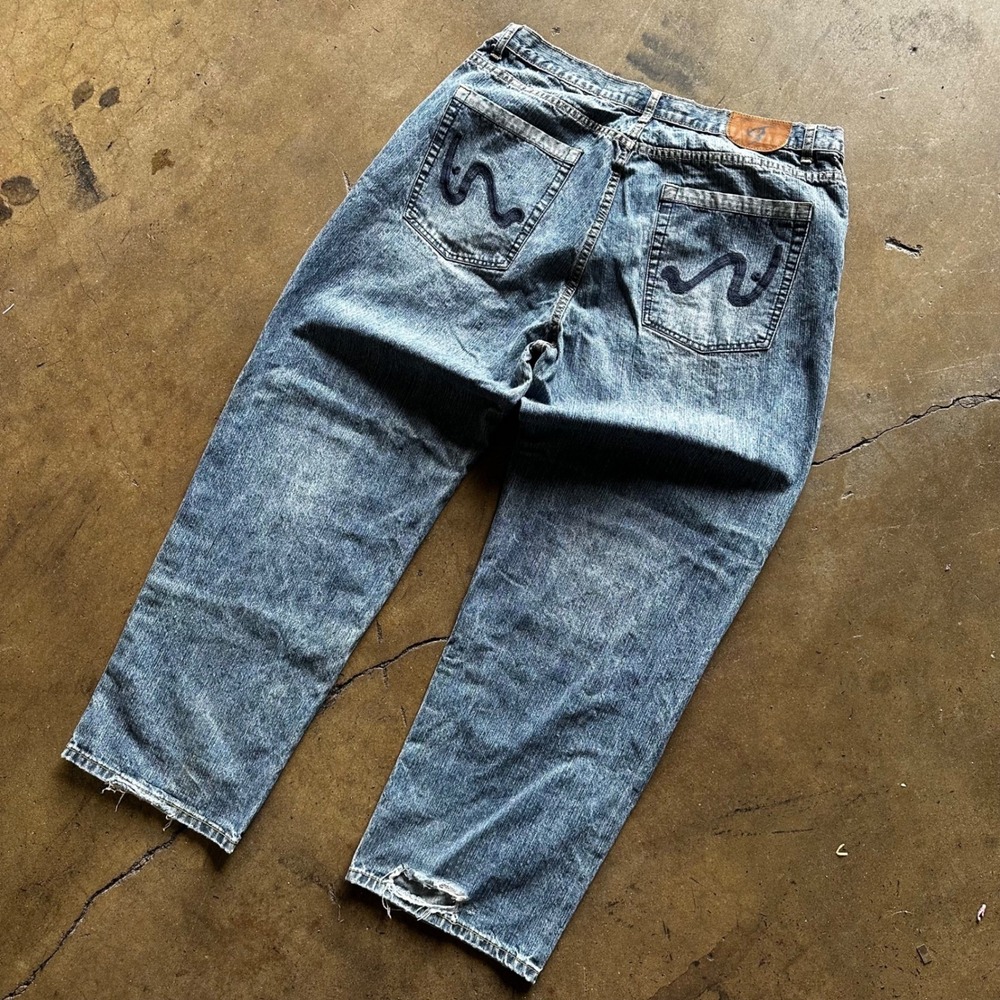 Echo Unlimited Mens Blue Denim Relaxed Wide Leg Jeans Embroidered Size 40x32